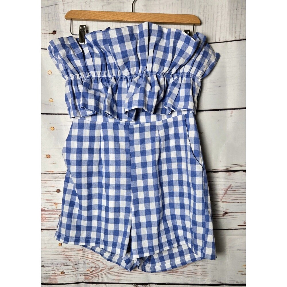 The Impeccable Pig Womens Romper Large Blue White Gingham Strapless Tie Back